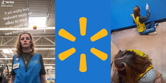 young woman working in walmart with caption "Y'all really buy Walmart vests on eBay to steal so they made us get new horrid vests" (l) walmart logo (c) two employees in yellow walmart vests (r)