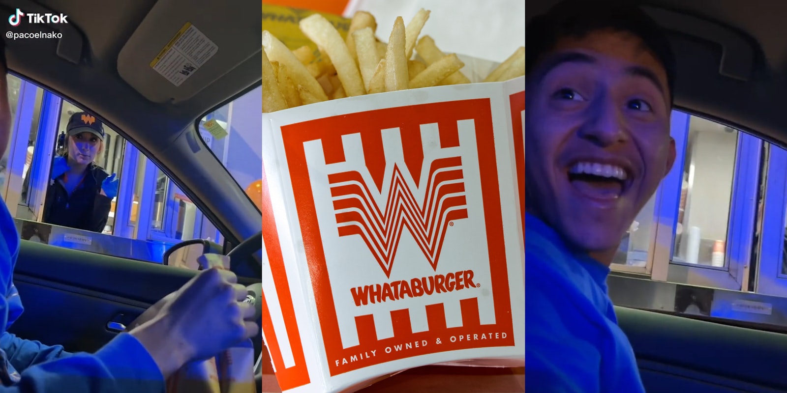 Whataburger drive thru worker (l) Whataburger fries (c) Man smiling in car (r)