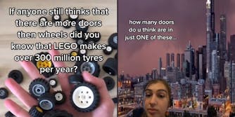 乐高轮子在手上的标题“如果有人仍然认为有更多的门然后轮子你知道乐高每年超过3亿轮胎？”（l）女性在摩天大楼的Tiktok Greencreen标题“你认为有多少门只是其中之一......”（r）