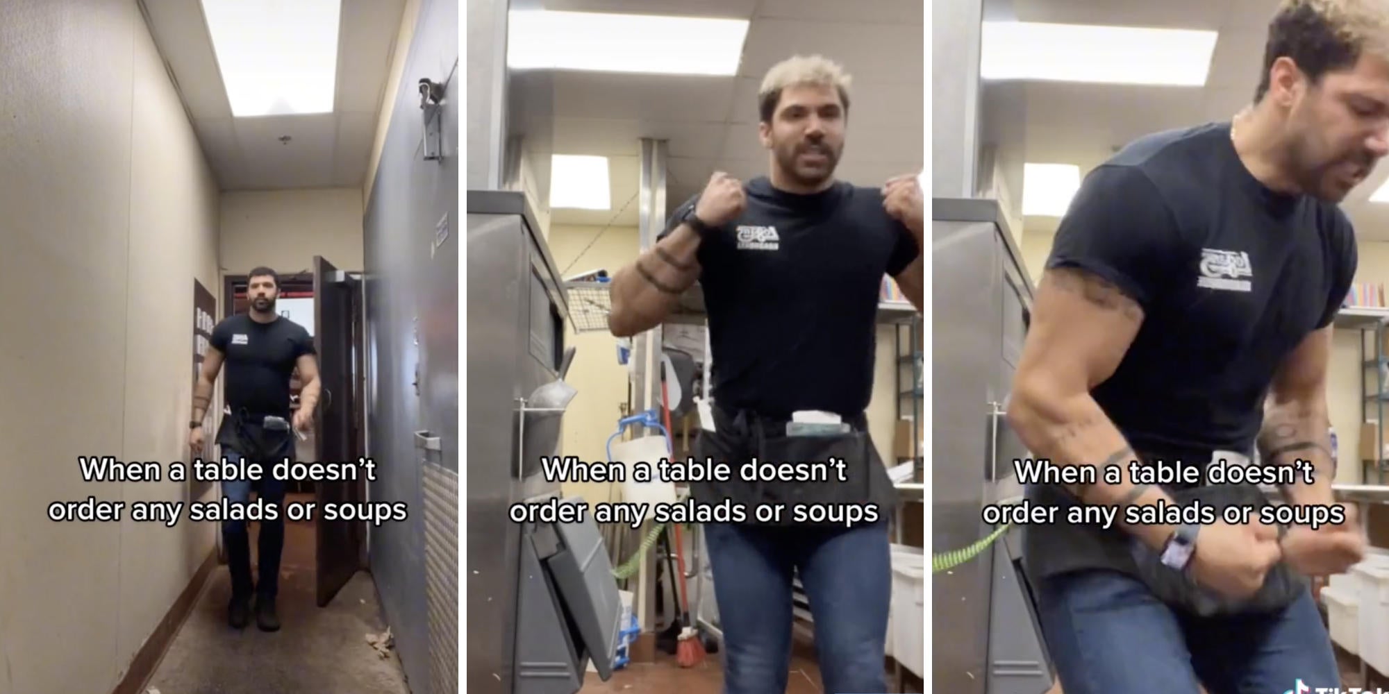 man walking into a building (l) shouting and grunting ®