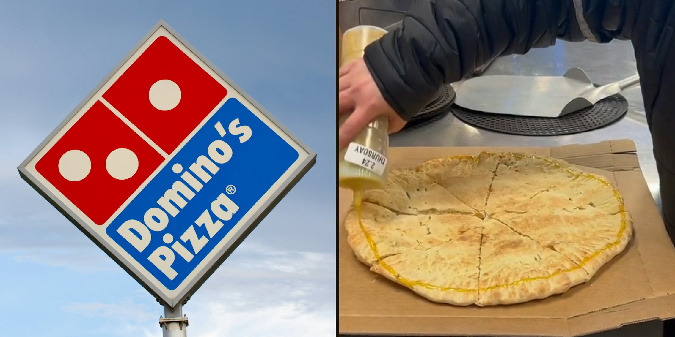 Dominos pizza sign with sky background (l) Dominos pizza with no toppings with hand drizzling garlic on the edges (r)