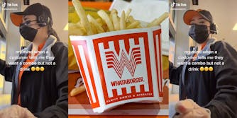 young woman working Whataburger drive-thru with caption "my mind when a customer tells me they want a combo but not a drink" (l&r) whataburger fries on tray (c)
