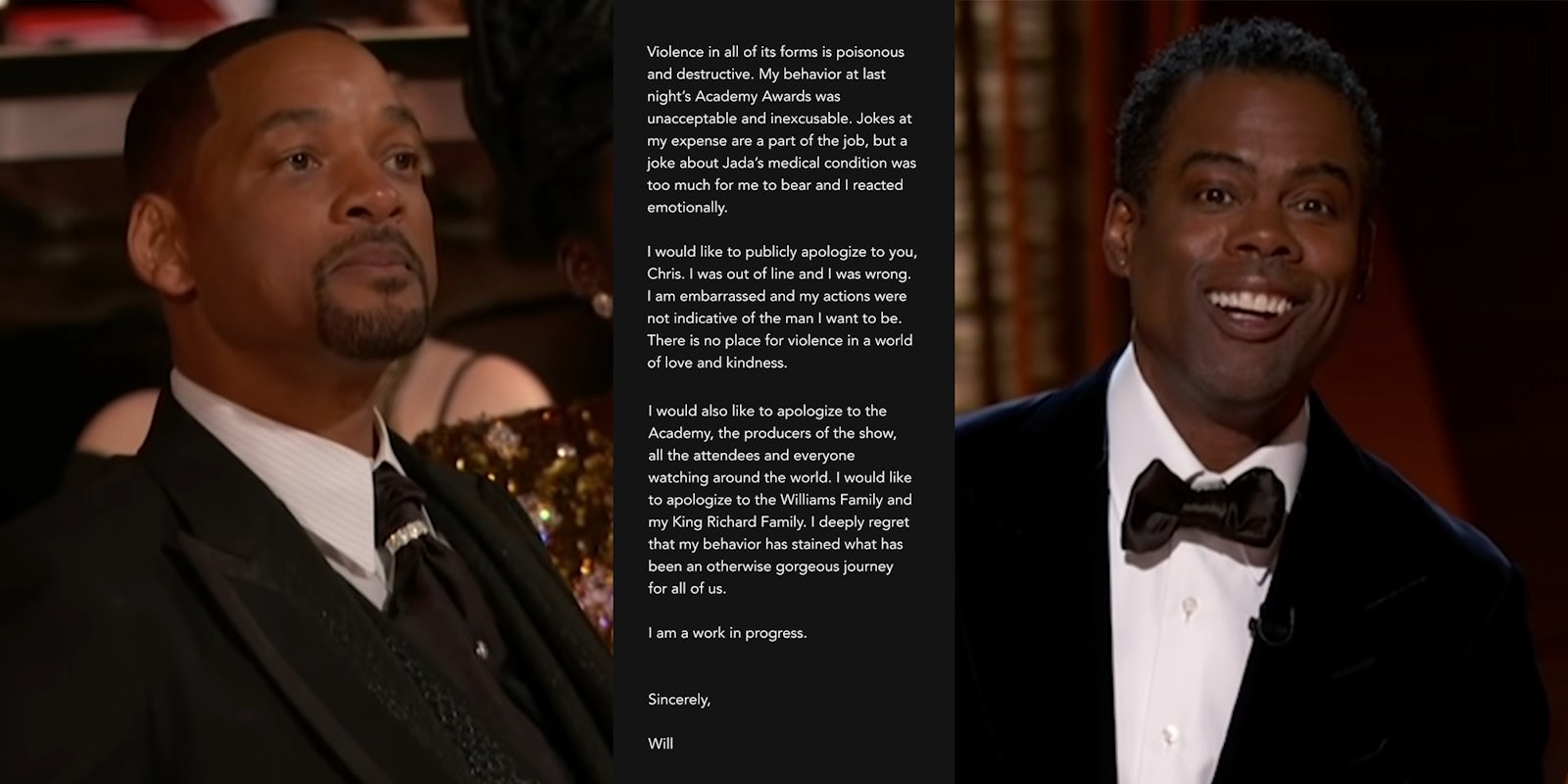 Will Smith (l) Will Smith apology to Chris Rock (c) Chris Rock (r)