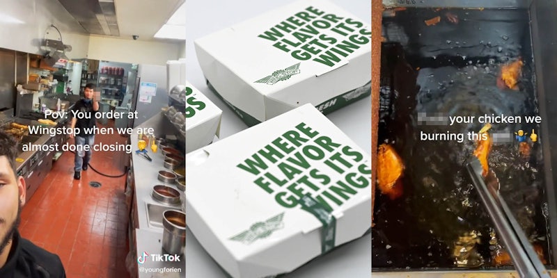 Wingstop workers making food one flipping camera off caption ' Pov: You order at Wingstop when we are almost done closing hand on face emoji flip off emoji' (l) Wingstop shutterstock image (c) Fryer with chicken caption ' blank your chicken we burning this blank hands up emoji flip off emoji' (r)
