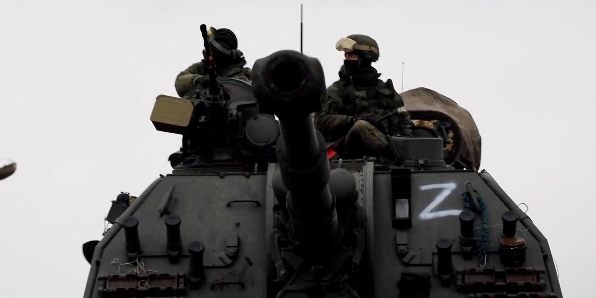 Russian tank with Z spray painted on front