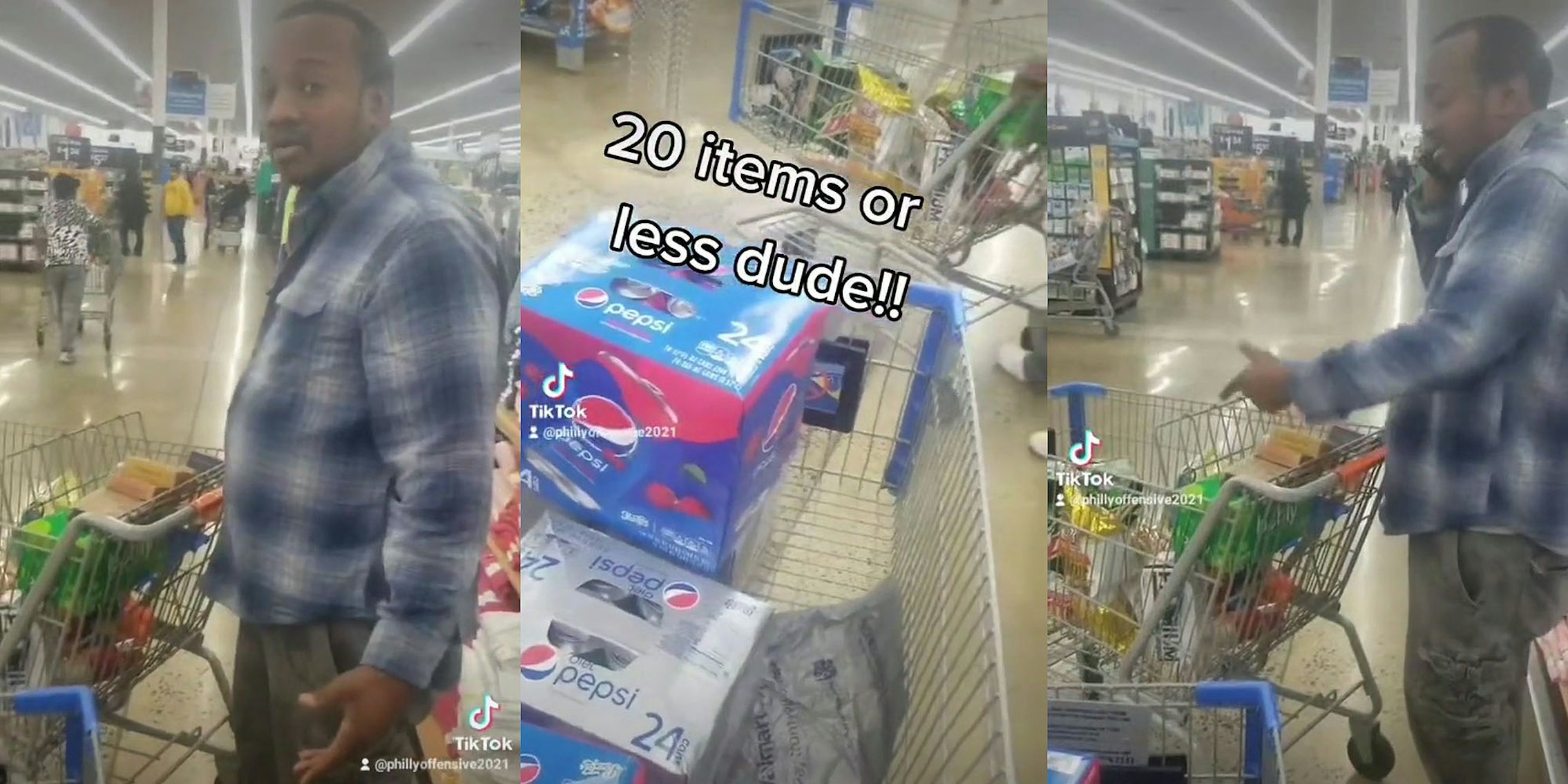 Man in line at Walmart with shopping cart lots of items (l) cameraman cart and other mans cart with caption '20 items or less dude!!' (c) Man at Walmart shopping cart full on phone while pointing to cart (r)