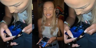 Woman using spit to hit number 6 on keypad putting in phone number (l) woman smiling holding phone at bar (c) Woman using spit to hit number 8 on keypad typing phone number (r)