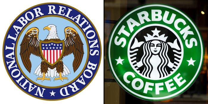 National Labor Relations Board logo on white background (l) starbucks light up circular sign with logo on glass (r)