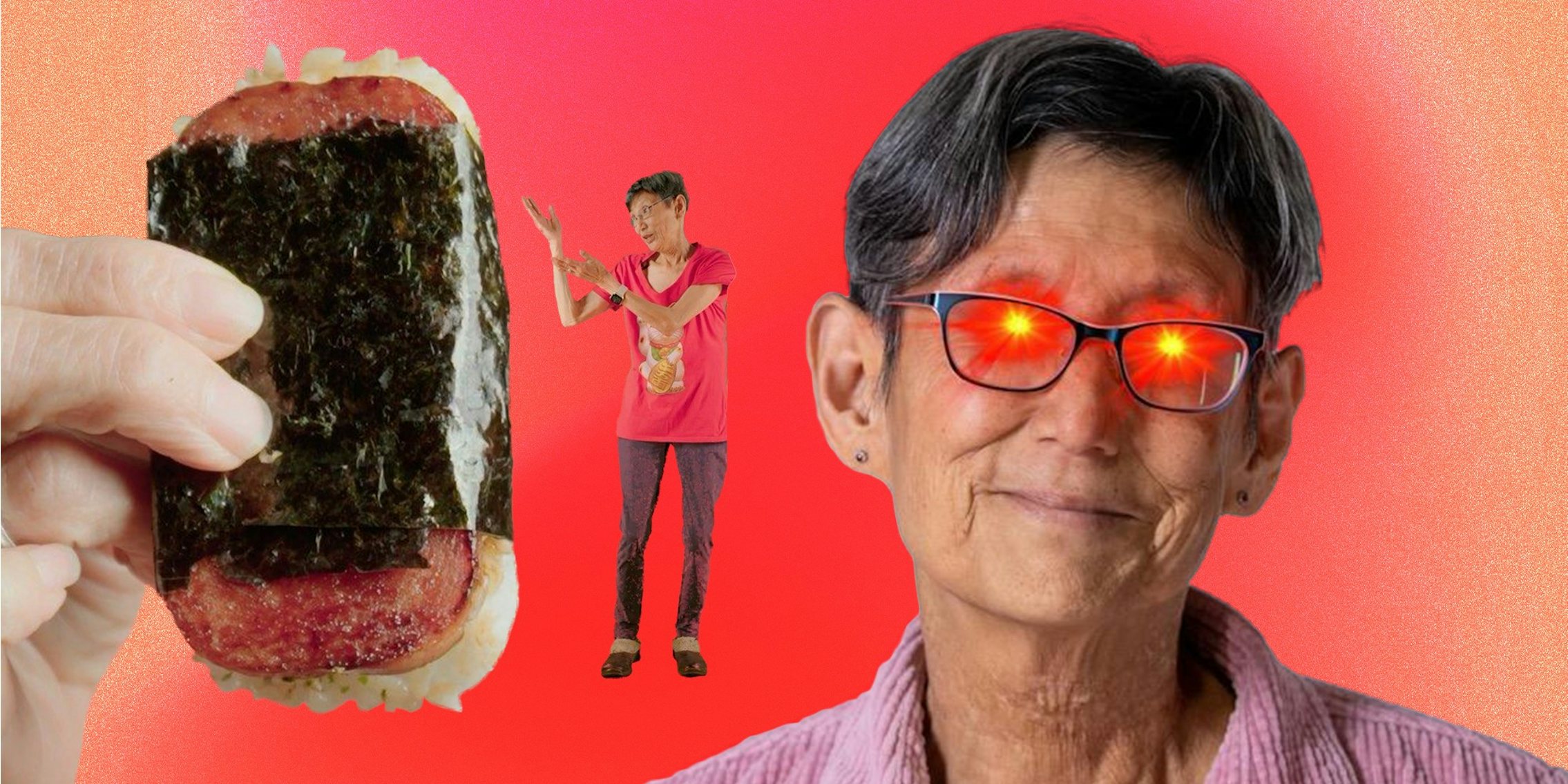 Spam musubi, a woman, and a woman with red laser eyes