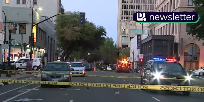 A crime scene at a mass shooting in Sacramento, California. In the top right corner is the Daily Dot newsletter logo.