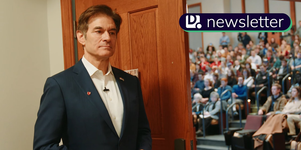 Dr. Oz standing next to a door. A crowd is behind the door. In the top right corner is the Daily Dot newsletter logo.