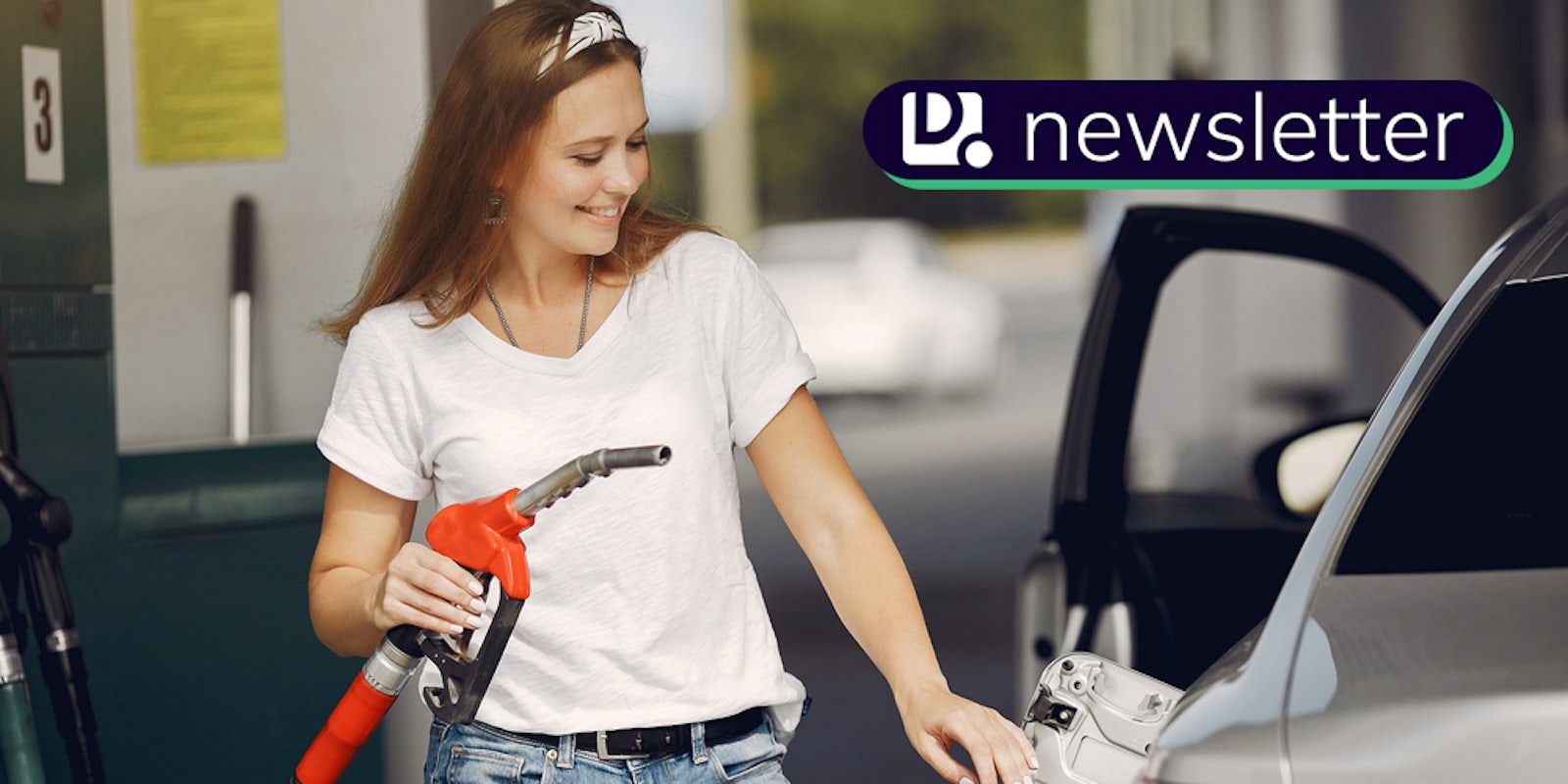 A woman pumping gas into a car. In the top right corner is the Daily Dot newsletter logo.