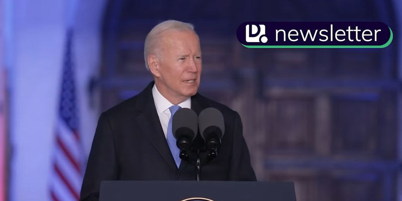 President Joe Biden giving a speech in Poland. In the top right corner is the Daily Dot newsletter logo.