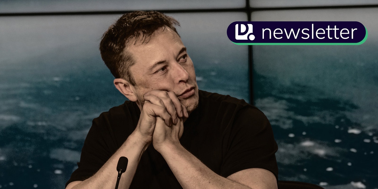 Elon Musk with folded hands. The Daily Dot newsletter logo is in the top right corner.