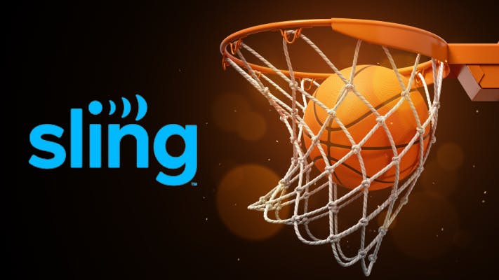 Sling TV 3d rendering of a basketball in the net on a dark background.