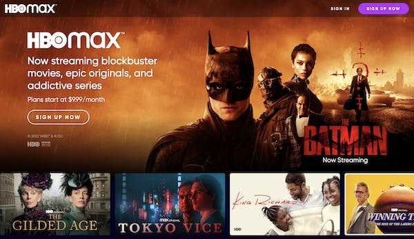 HBO Max home screen advertises new movies and series