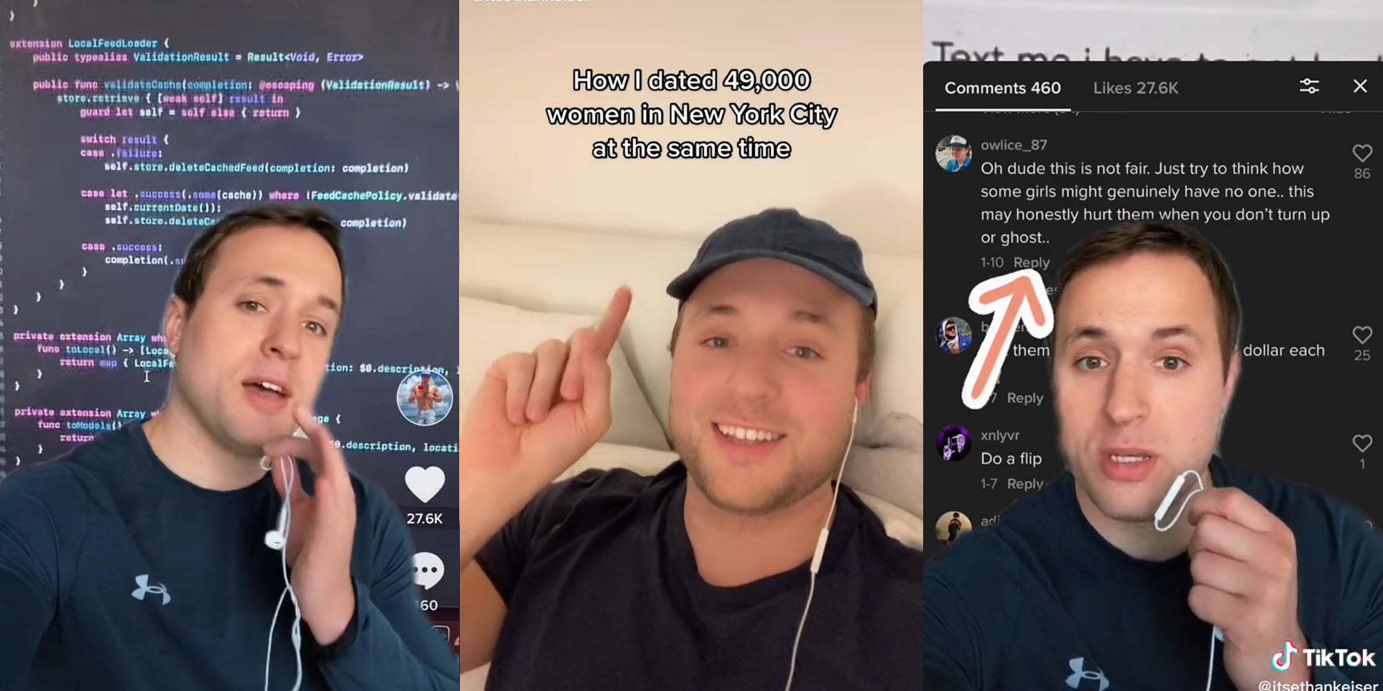 Man greenscreen over coding background (l) man pointing to caption "How I dated 49,000 women in New York City at the same time" (c) man greenscreen over comment "Oh dude this is not fair... Just try to think how some girls might genuinely have no one... this may honestly hurt them when you don't turn up or ghost..." (r)