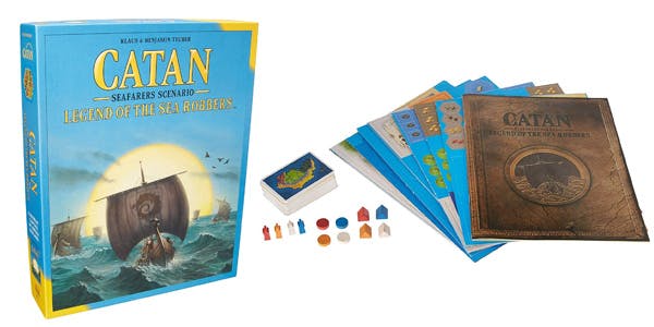 Settlers of Catan Legend of the Sea Robbers alongside game board and pieces