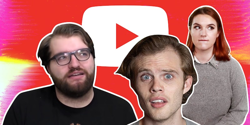 Three people in front of YouTube's play button logo