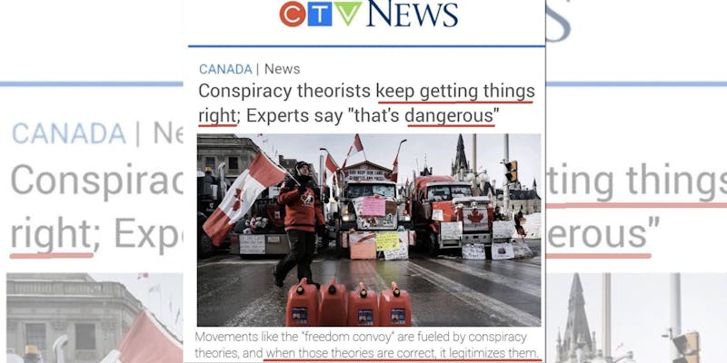 A screenshot of a fake article from CTV News about conspiracy theorists.
