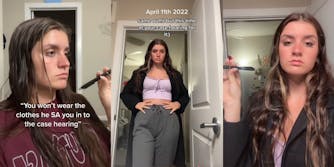 young woman with pen in hand and caption "You won't wear the clothes he SA you in to the case hearing" (l) same young woman in doorway with caption "april 11th 2022 same outfit but this time at your case hearing for it" (c) young woman holding pen