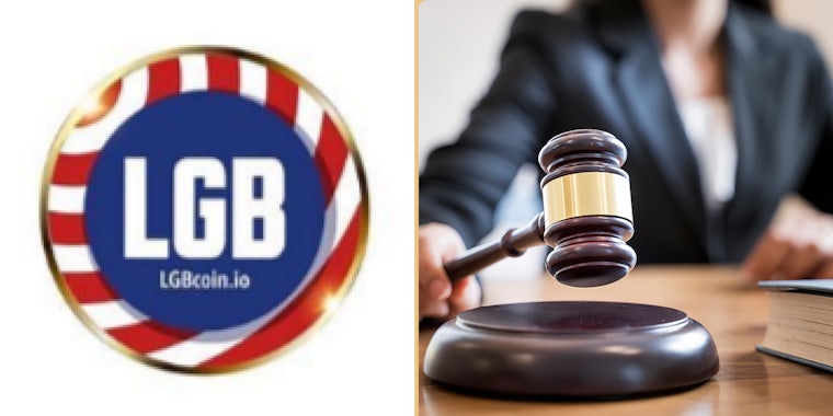 LGB Let's Go Brandon coin logo on white background (l) Judge using wooden gavel (r)