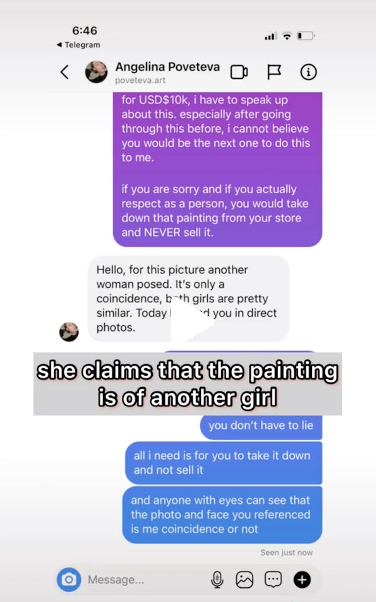 Screenshot of an instagram message chain: in which Poveteva claims its a coincidence that the painting and Yue look similar