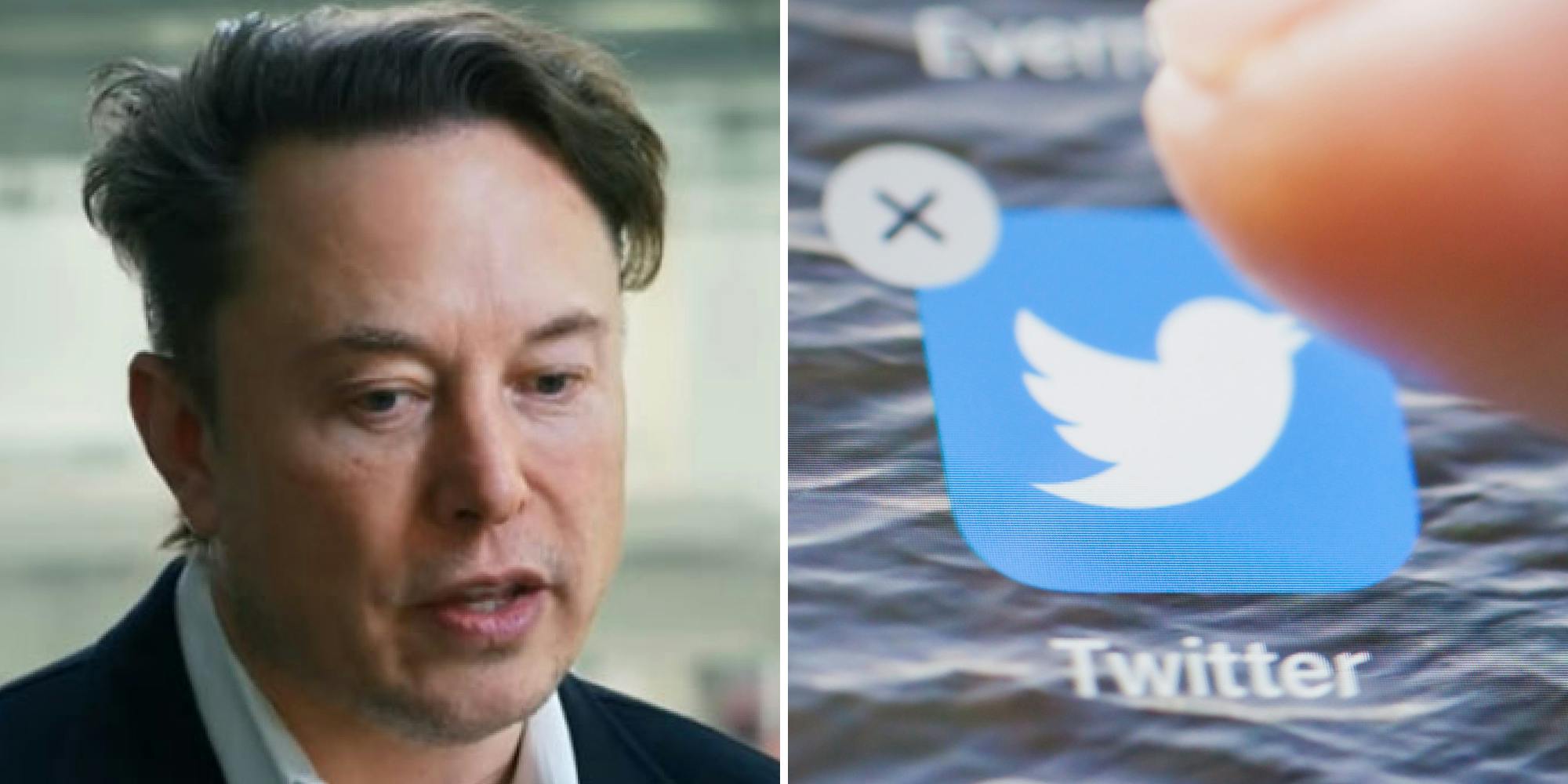 Elon musk (l) finger about to delete twitter app from phone (r)