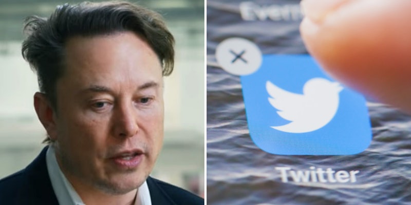 Elon musk (l) finger about to delete twitter app from phone (r)