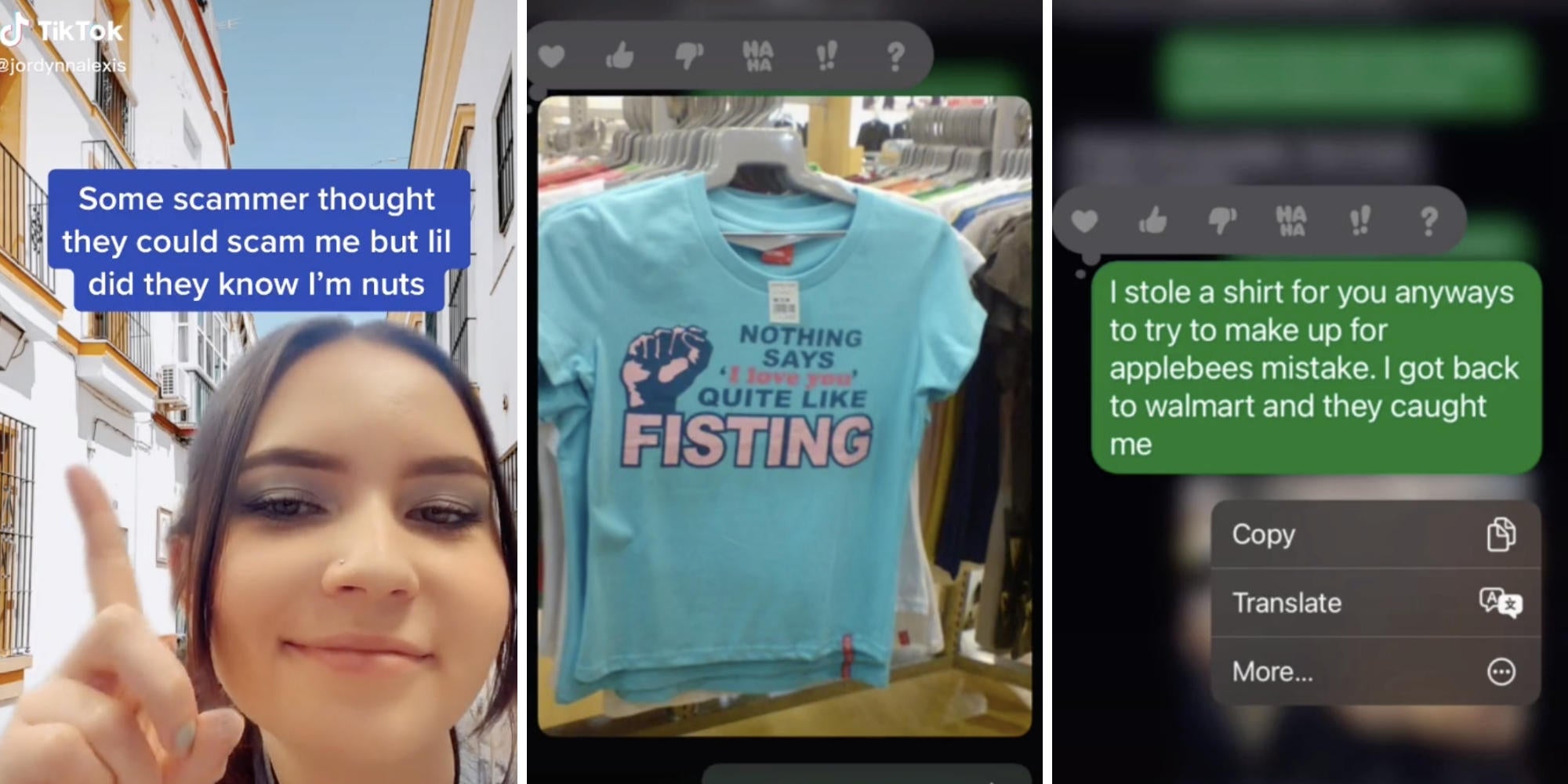 woman pointing up (l) photo of shirt (m) phone text (r)