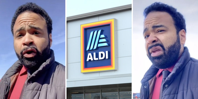 man looking disgusted at viewer (l) (r) aldi store (m)