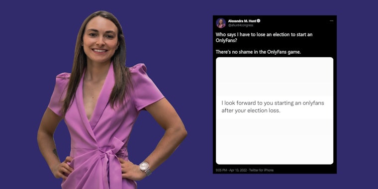 young woman in dress with tweet that reads 'I look forward to you starting an onlyfans after your election loss' and 'Who says I have to lose an election to start an OnlyFans? There's no shame in the OnlyFans game.'