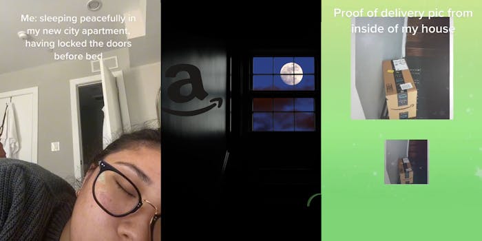 Woman sleeping on bed caption "Me: sleeping peacefully in my new city apartment having locked the doors before bed (l) Window with amazon shadow on wall (c) Amazon package on hardwood floor green background caption "Proof of delivery pic from inside of my house" (r)