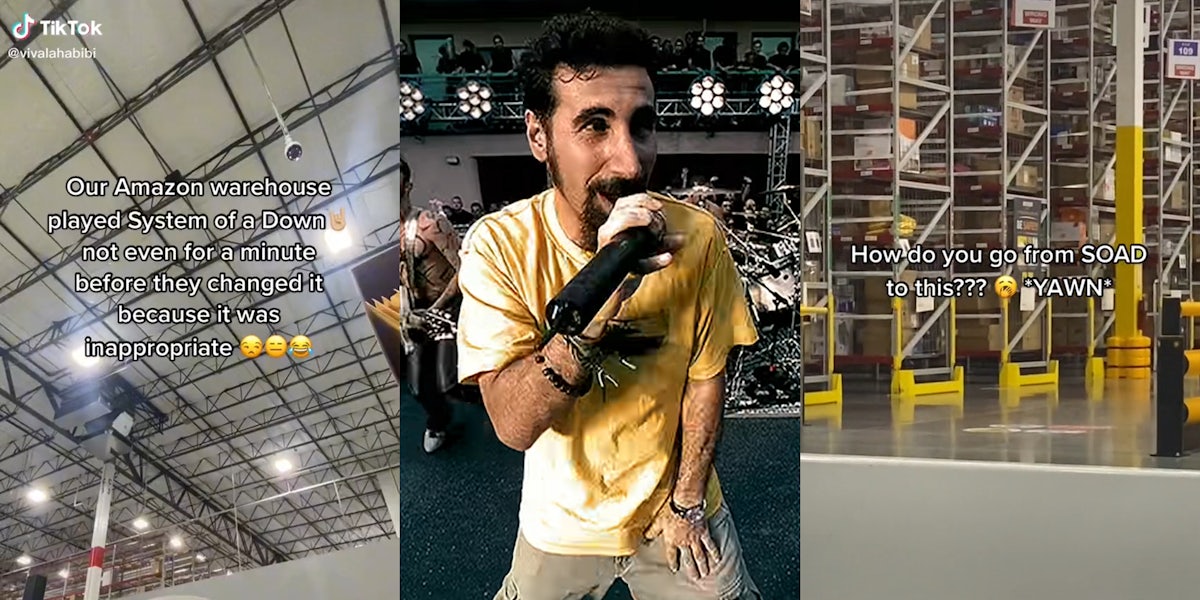 amazon warehouse with caption 'our amazon warehouse played system of a down not even for a minute before they changed it because it was inappropriate' (l) serj tankian singing (c) amazon warehouse with caption 'how do you go from SOAD to this??? YAWN' (r)