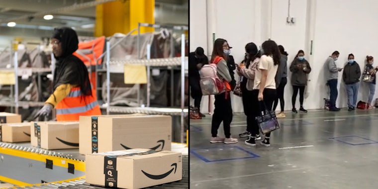 Amazon Warehouse worker with boxes on conveyer belt (l) Amazon workers waiting for an open station standing in line (r)