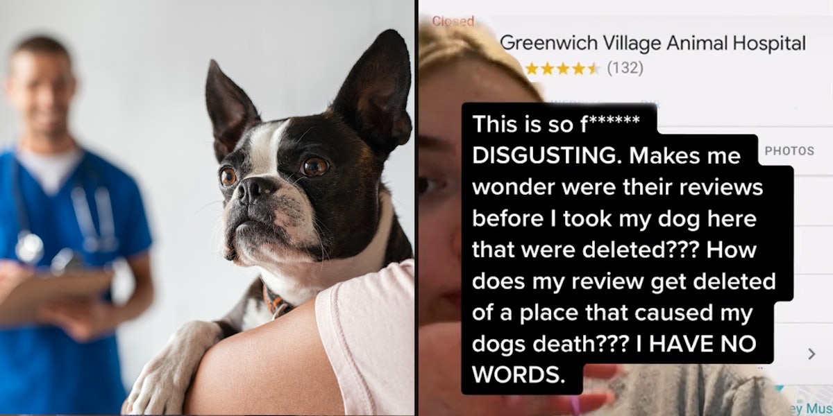 Woman holding dog vet blurred in background (l) Woamn greenscreen tiktok over vet google search caption ' This is so fucking DISGUSTING></img> Makes me wonder were their reviews before I took my dog here that were deleted??? How does my review get deleted of a place that caused my dogs death??? I HAVE NO WORDS.' (r)'