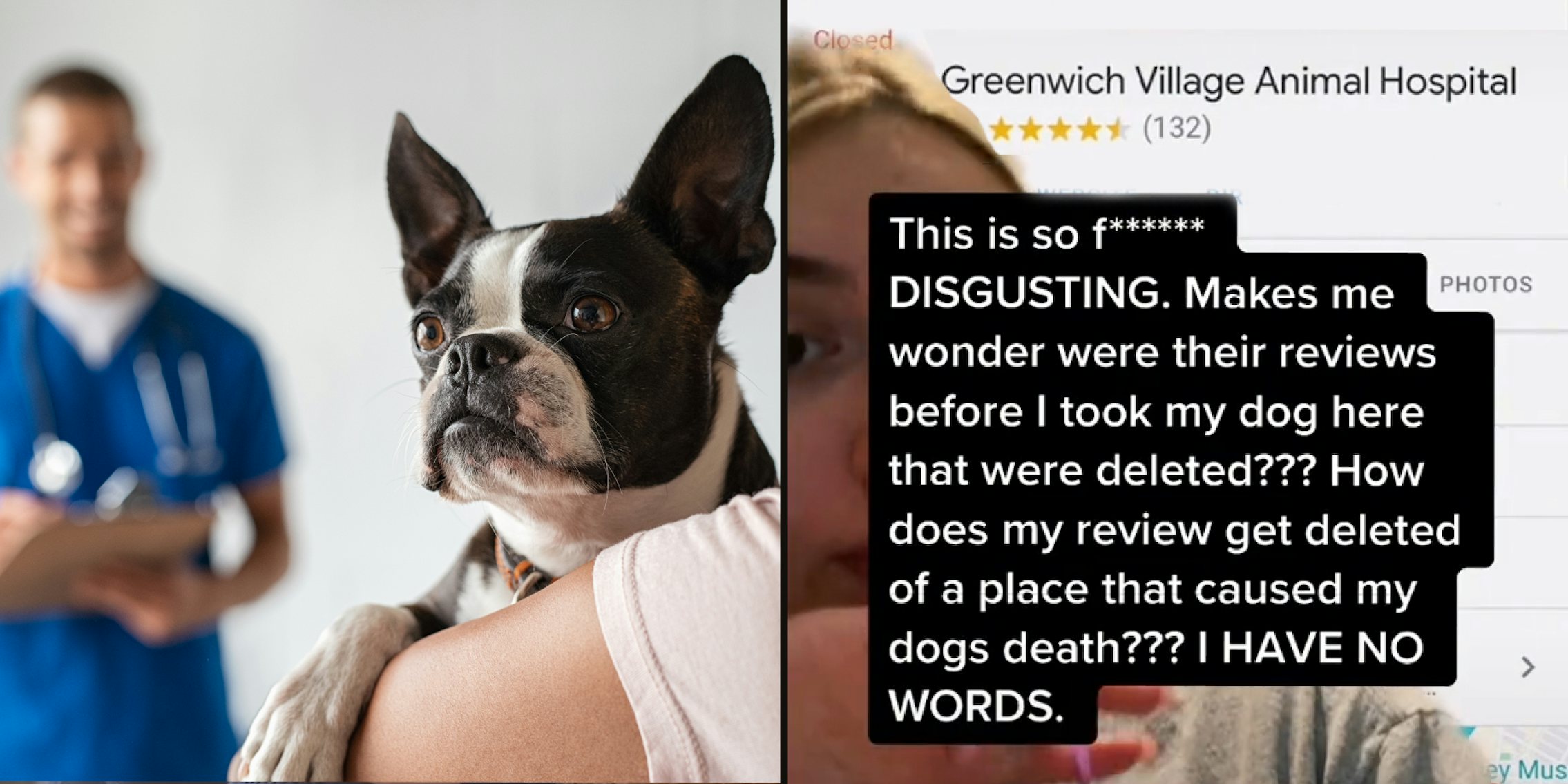 Woman holding dog vet blurred in background (l) Woamn greenscreen tiktok over vet google search caption ' This is so fucking DISGUSTING> Makes me wonder were their reviews before I took my dog here that were deleted??? How does my review get deleted of a place that caused my dogs death??? I HAVE NO WORDS.' (r)'