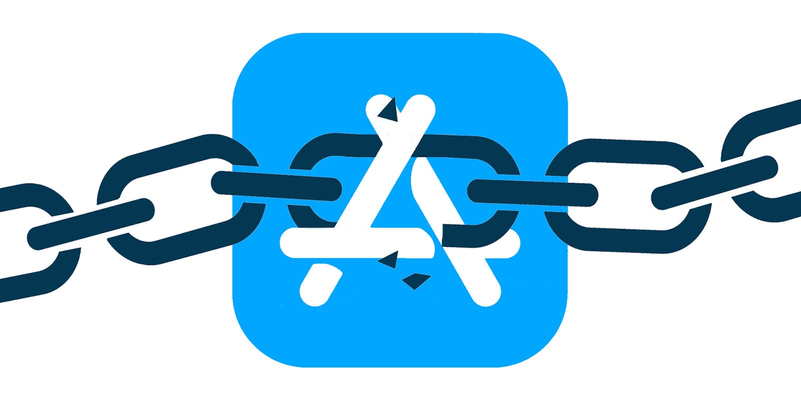 Apple App Store logo with dark blue chain lock broken across logo