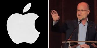 Apple logo on black background (l) FCC commissioner Carr speaking with microphone hand pointing (r)