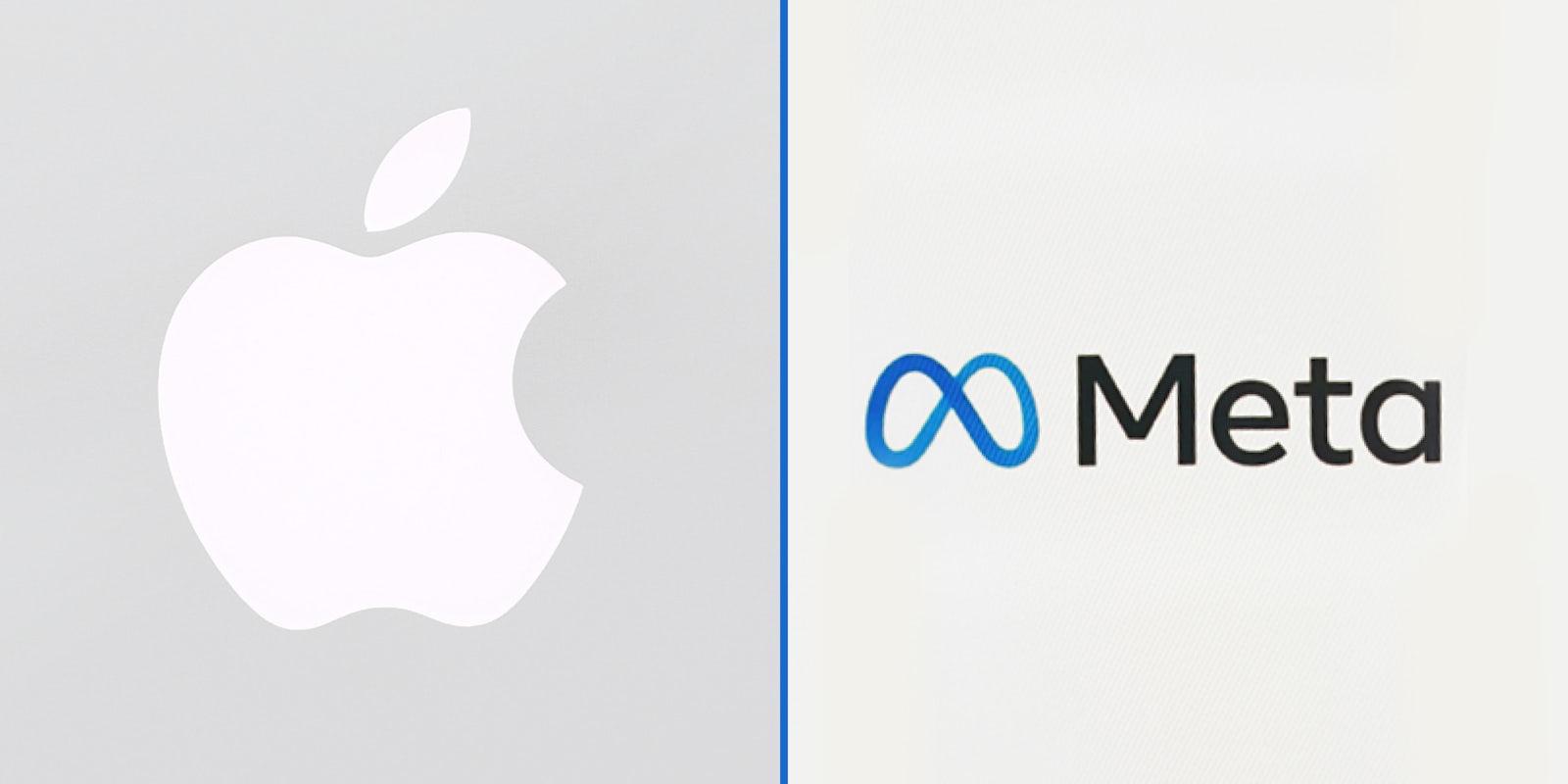 Apple logo on light gray background (l) Meta logo on cream background (r)