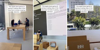 apple store employee giving a coding lesson (m) no one pays attention (l) (r)