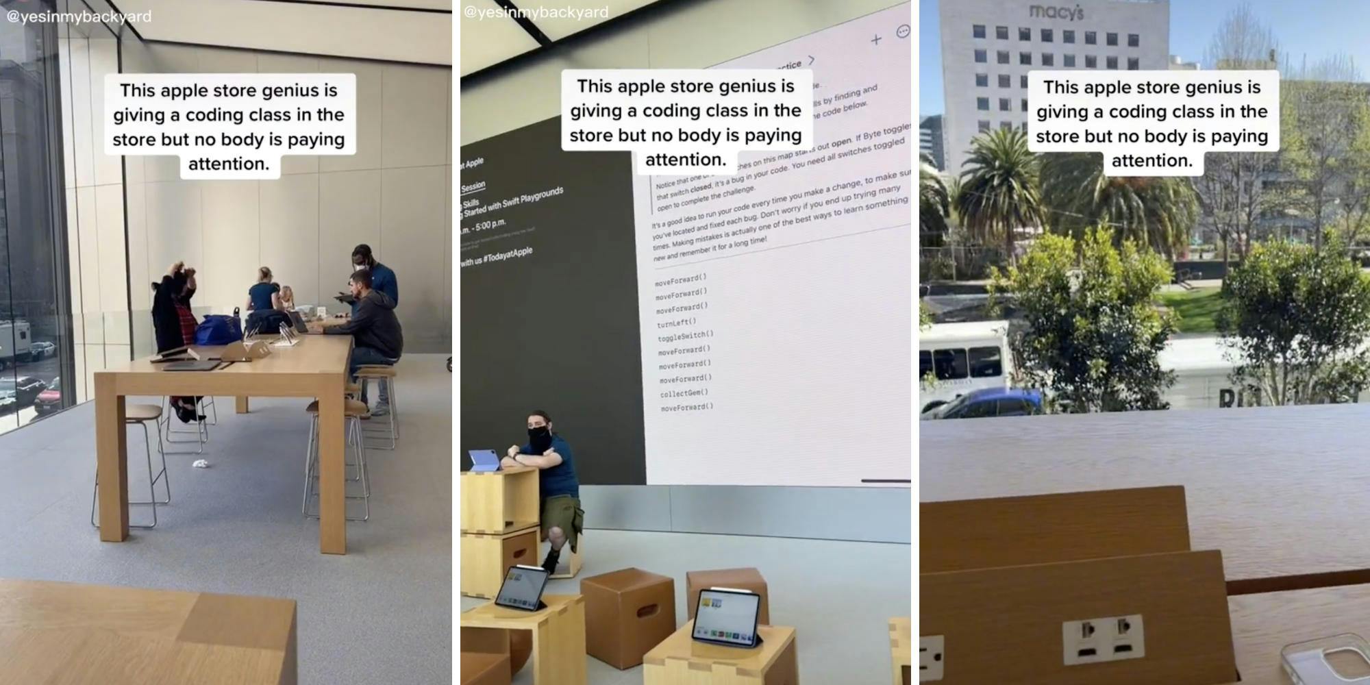 apple store employee giving a coding lesson (m) no one pays attention (l) (r)