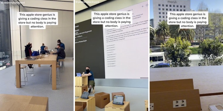 apple store employee giving a coding lesson (m) no one pays attention (l) (r)