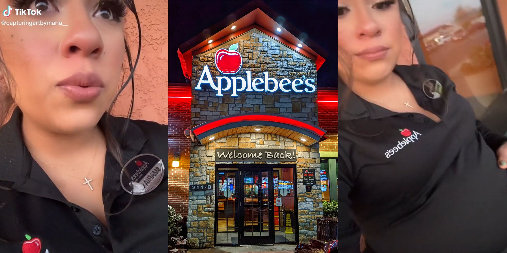 Applebee's worker crying (l) Applebee's building and sign night (c) Applebee's worker holding baby bump (r)