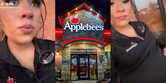 Applebee's worker crying (l) Applebee's building and sign night (c) Applebee's worker holding baby bump (r)