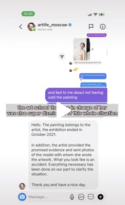 Screenshot of instagram chat in which Artlife Moscow claims that Poreteva submitted the required proof that she used another model and that "what you look like is a coincidence"
