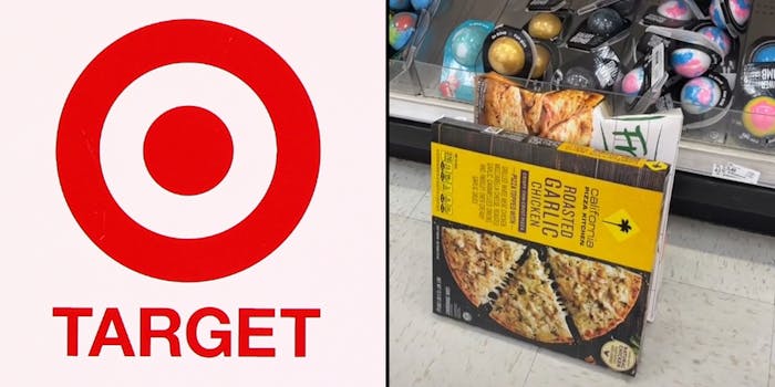 Target logo on light pink background (l) Target aisle with frozen foods in the wrong section (r)