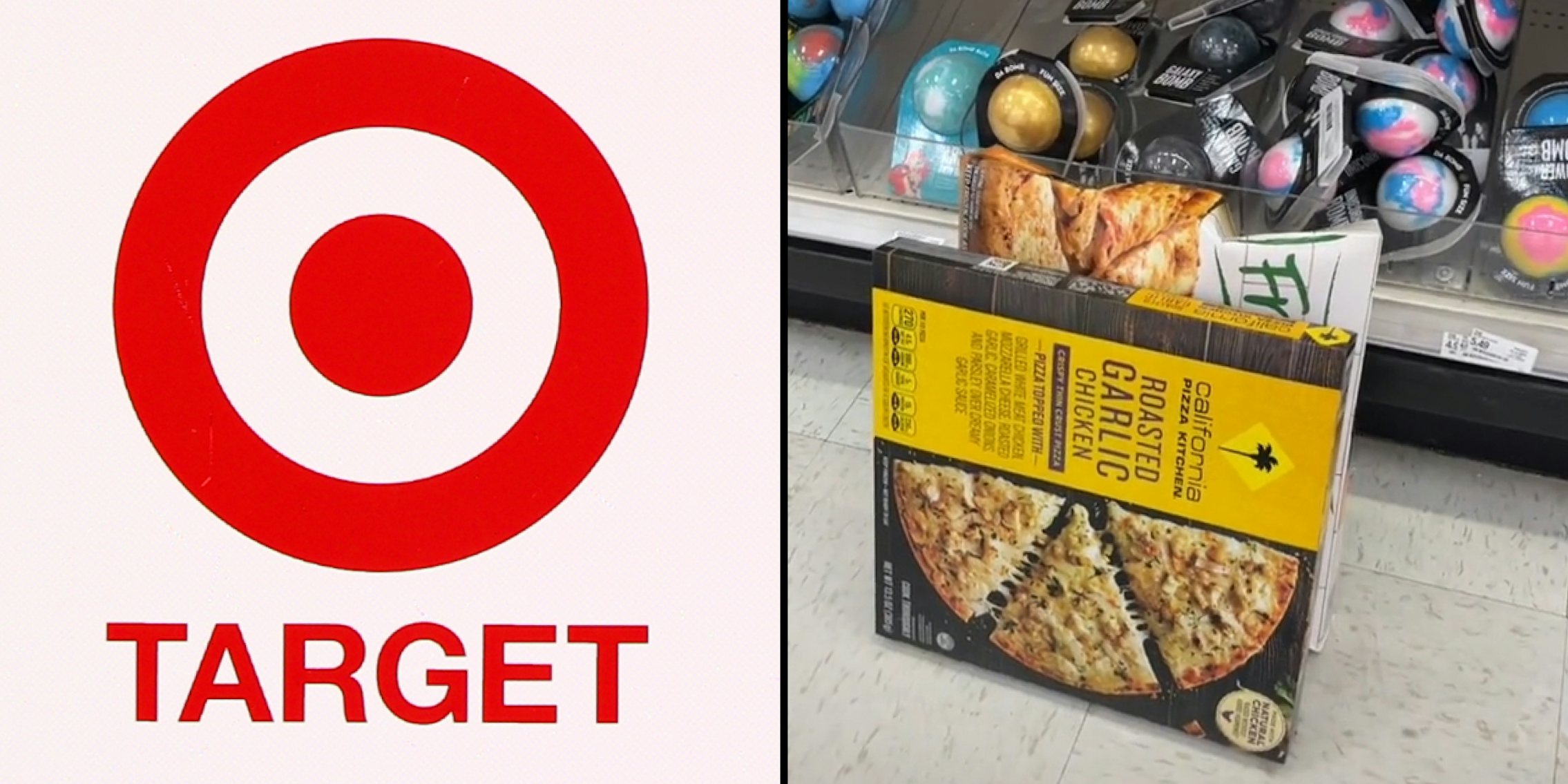 Target logo on light pink background (l) Target aisle with frozen foods in the wrong section (r)