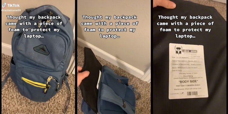 hand pulling armor plate out of backpack with caption 'thought my backpack came iwth a piece of foam to protect my laptop'