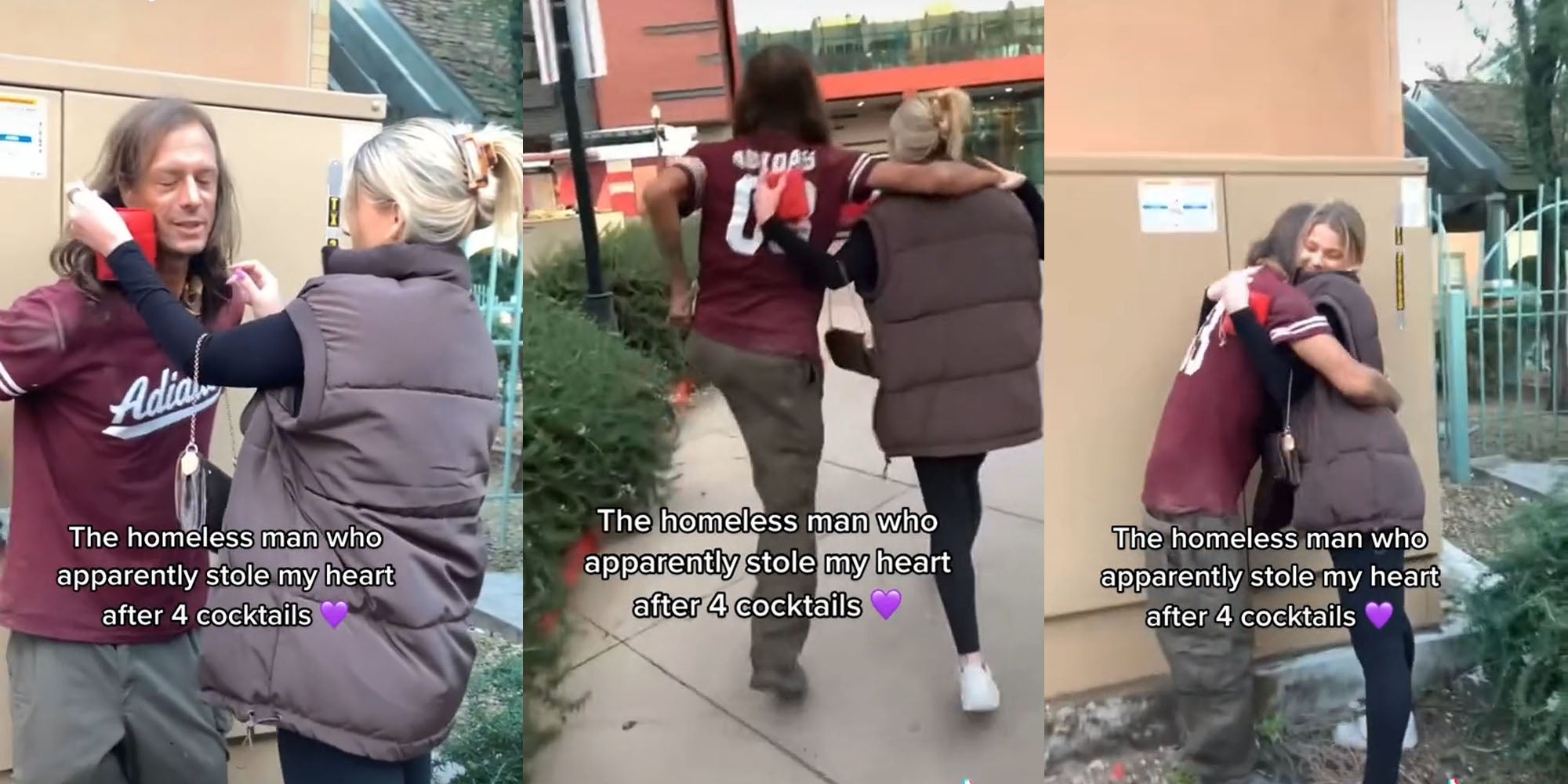 Woman hands on homeless man face caption 'the homeless man who apparently stole my heart after 4 cocktails' (l) Woman with homeless man holding each other dancing down sidewalk caption 'the homeless man who apparently stole my heart after 4 cocktails' (c) Woman hugging homeless man caption 'the homeless man who apparently stole my heart after 4 cocktails' (r)